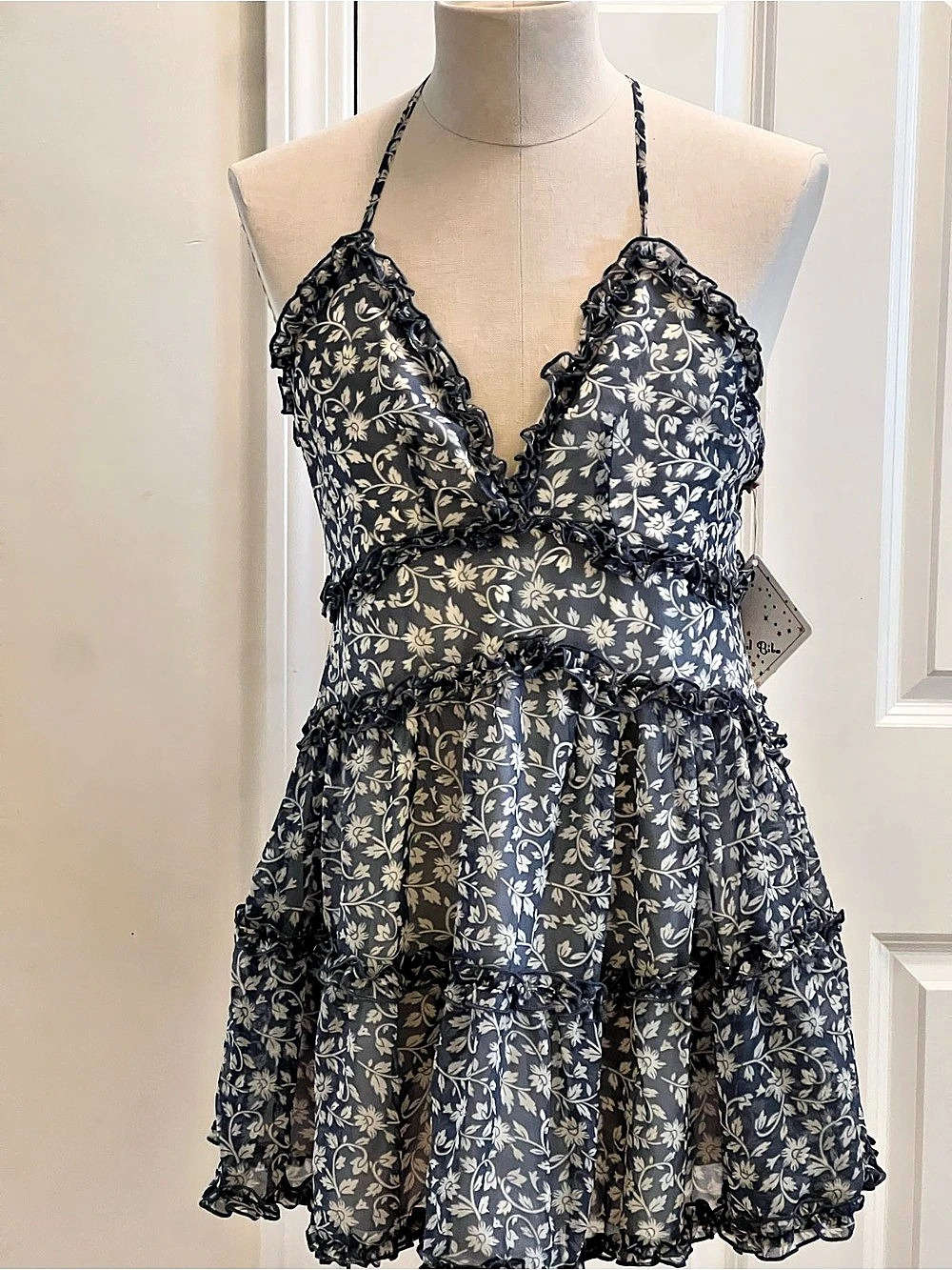Angel Biba Floral Mini Dress in Blue & White Size Medium NWT